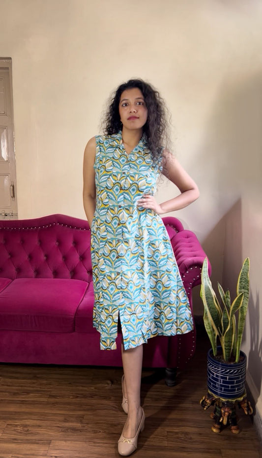 Printed Shirt Dress with Optional Short Sleeves – Teal & Mustard