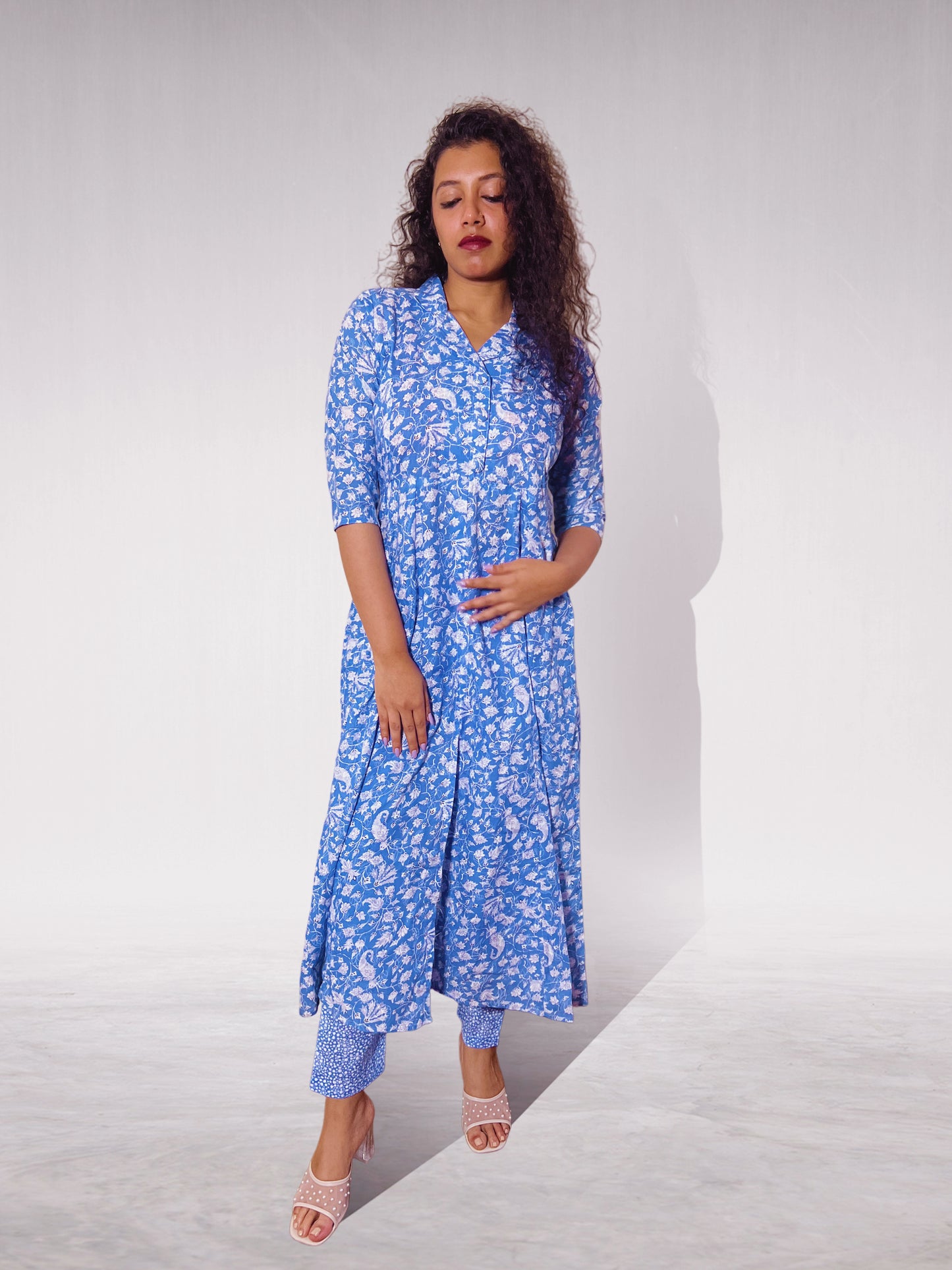 Blue Printed Pure Cotton Kurta Set for Women