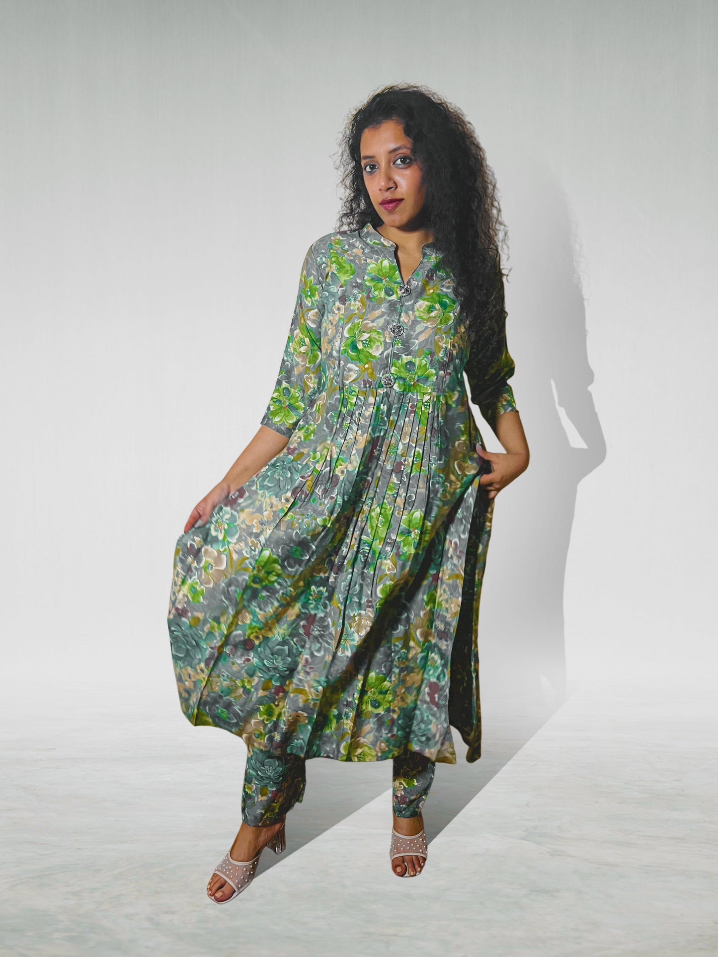 Green Floral Printed Muslin Anarkali Kurta Set for Women