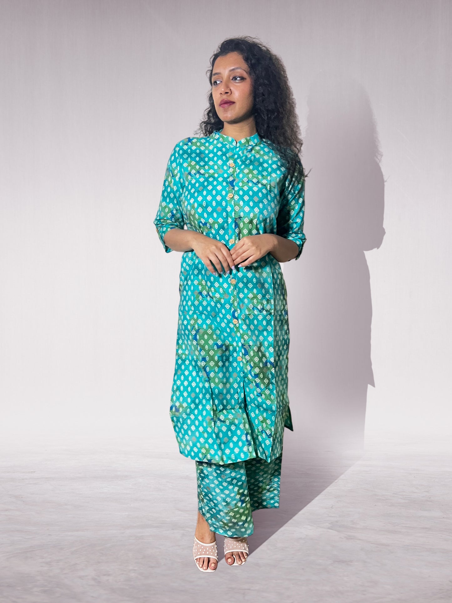 Teal Blue Batik Print Cotton Silk Kurta Set for Women