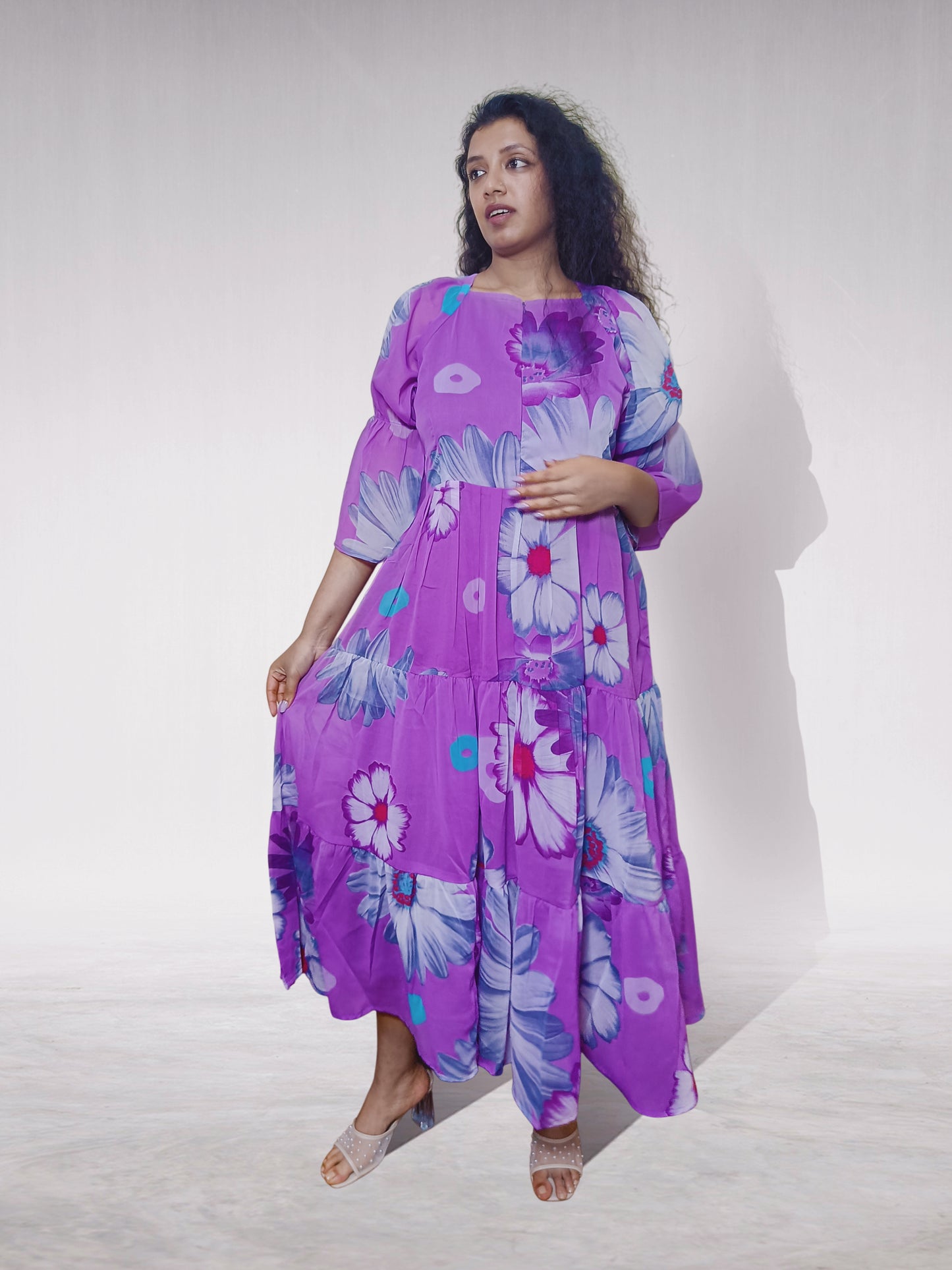 Flowing Floral Tier Dress – Purple Bloom