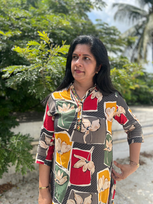 Multicolor Floral Block Print Muslin Kurta Set
