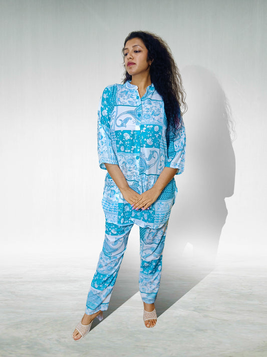 Blue Printed Cotton Co-ord Set for Women