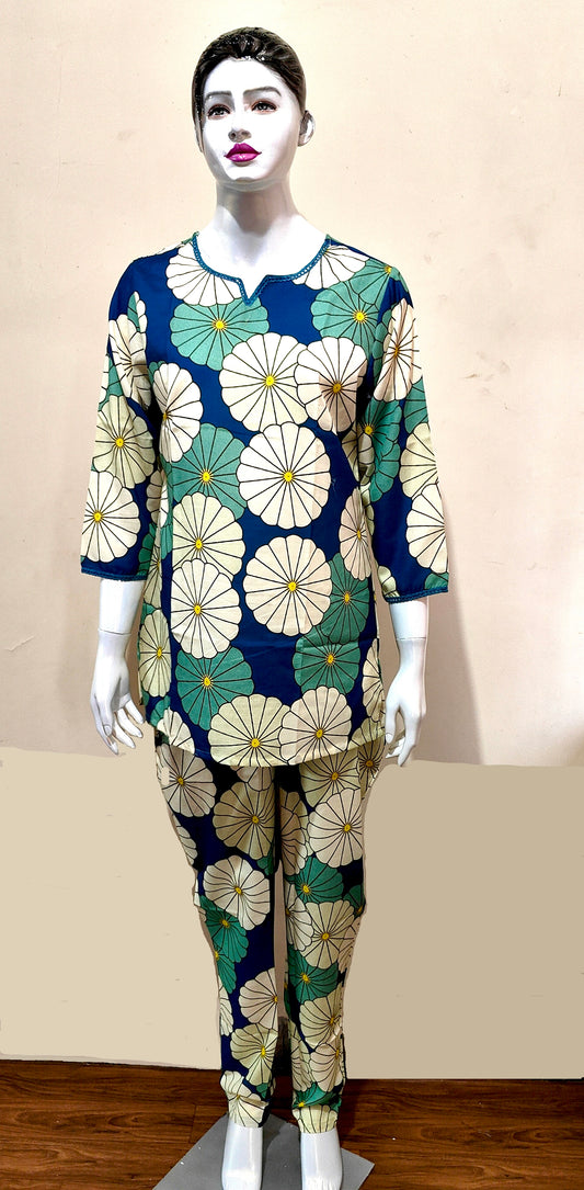 Blue Floral Printed Cotton Co-ord Set for Women