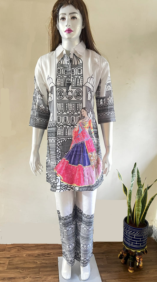 Black & White Architectural Printed Rayon Cotton Set for Women
