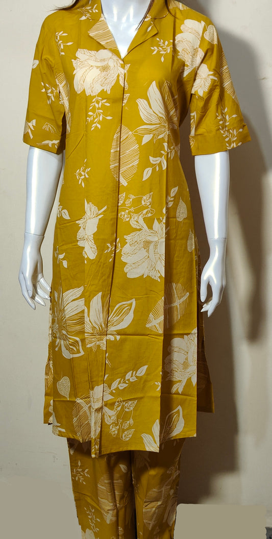 Mustard Yellow Floral Printed Cotton Co-ord Set for Women