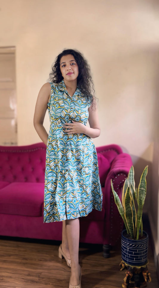 Printed Shirt Dress with Optional Short Sleeves – Teal & Mustard