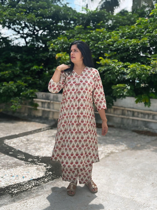 Handblock Printed Bamboo Cotton Kurta Set for Women