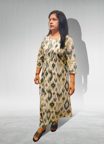 Elegant Ikkat print 2 piece kurta set – Off-white & Green