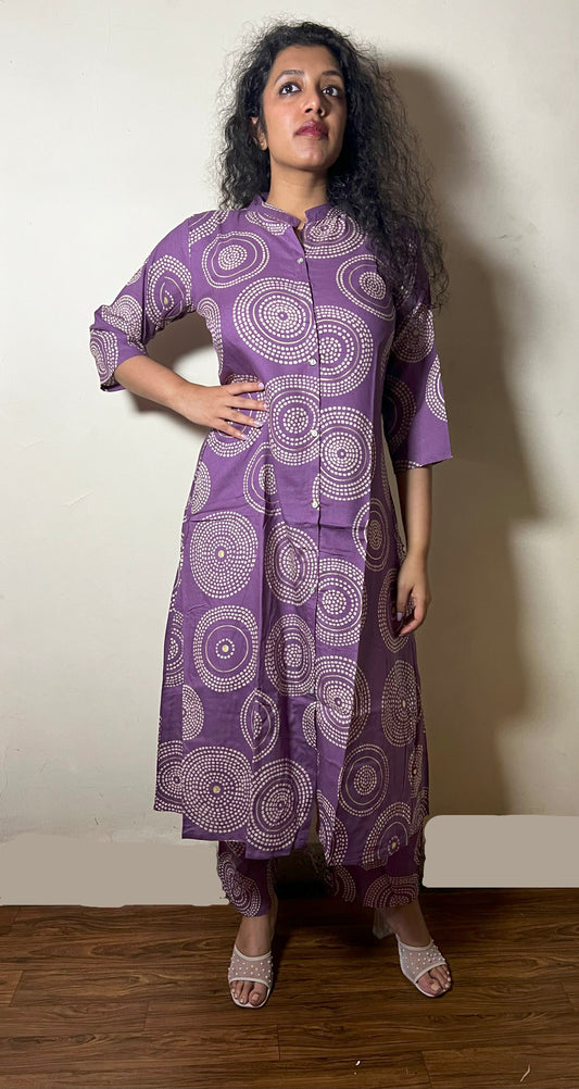 Purple Batik Printed Rayon Kurta Set for Women