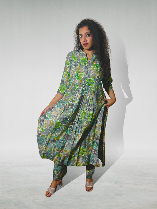 Green Floral Printed Muslin Anarkali Kurta Set for Women