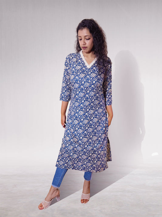 Indigo Floral Rayon Kurti with Lace Neckline
