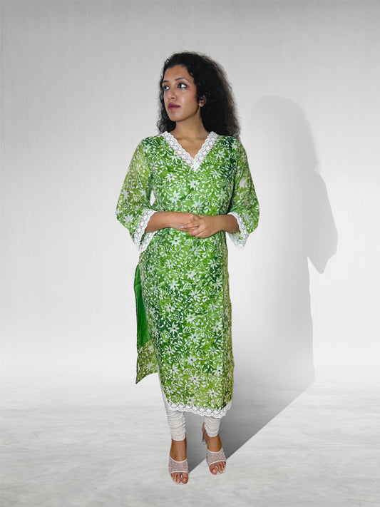 Green Floral Batik Cotton Silk Kurti with Lace Trim