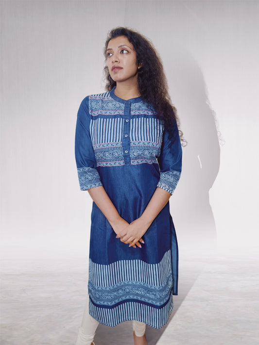 Denim Blue Kurti with Printed Panel