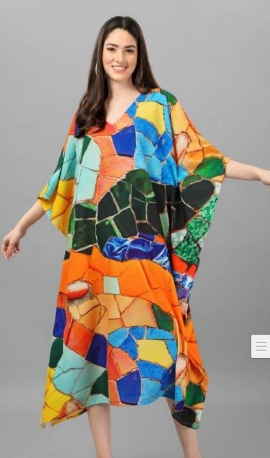 Vibrant Mosaic Printed Kaftan Dress for Women