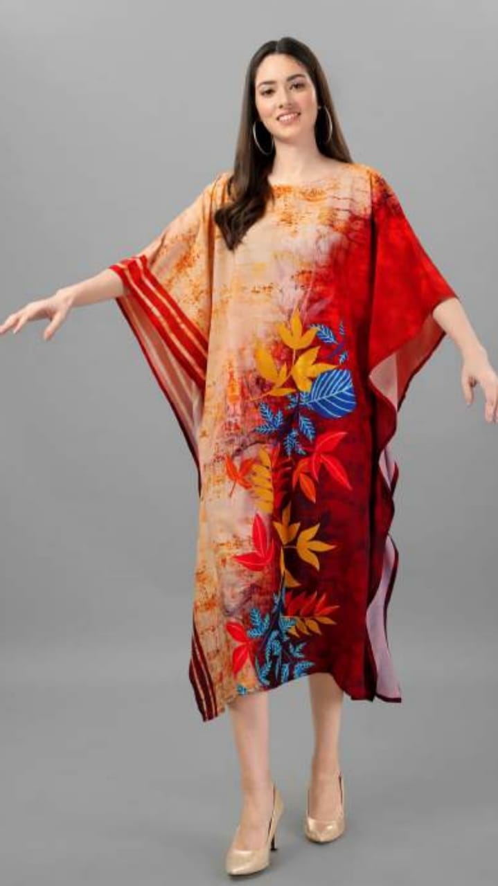 Red and Beige Floral Printed Kaftan Dress for Women
