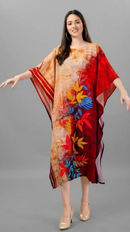Red and Beige Floral Printed Kaftan Dress for Women