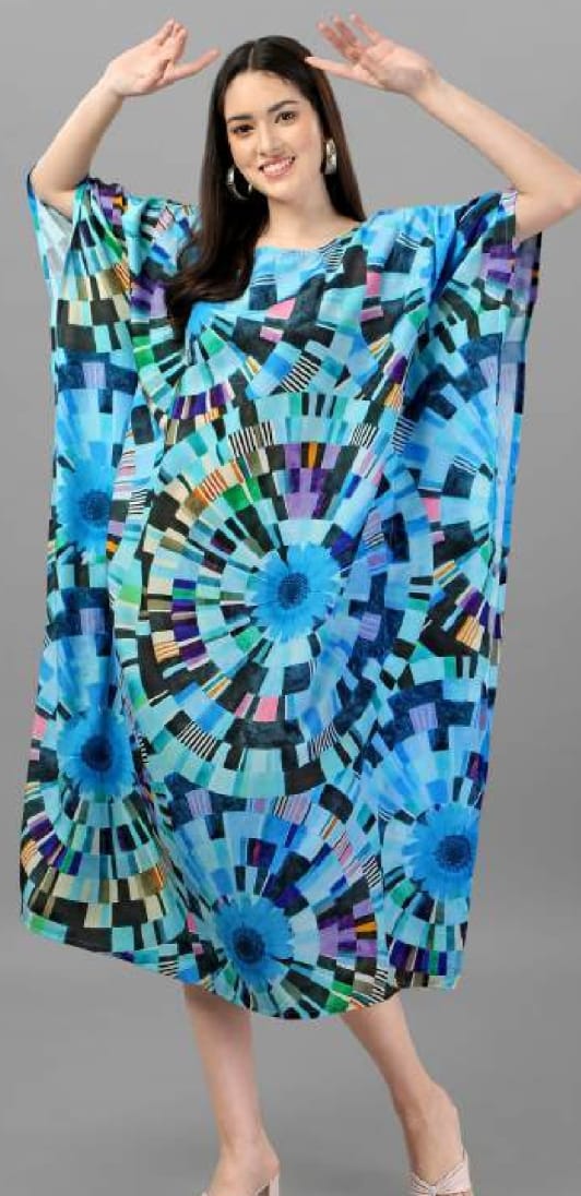 Blue Geometric Floral Printed Kaftan Dress for Women