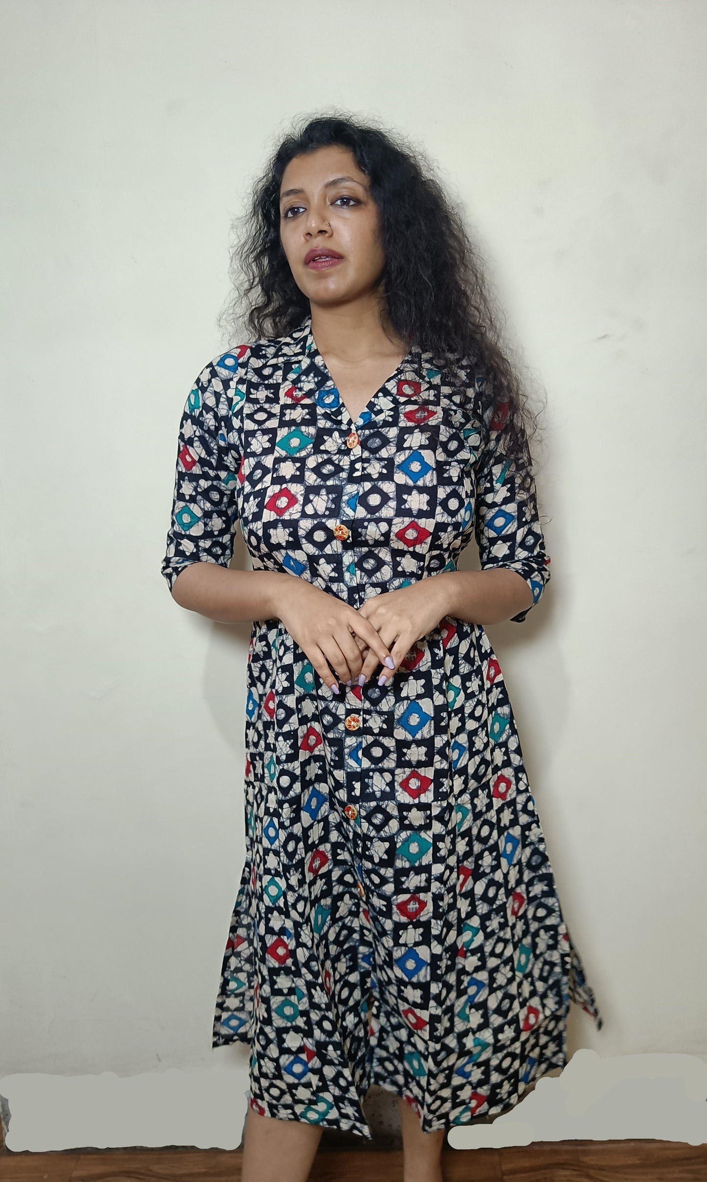 Dabu Printed A-Line Cotton Dress – Black Multicolor