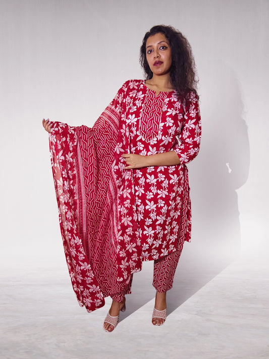 Red Floral Printed Cotton Salwar Suit
