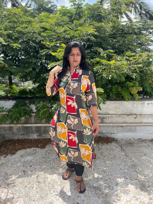 Multicolor Floral Block Print Muslin Kurta Set
